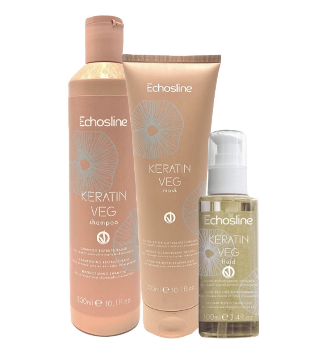 ECHOSLINE Kit Keratin Veg Shampoo 300ml + Mask 300ml + Fluid 100ml